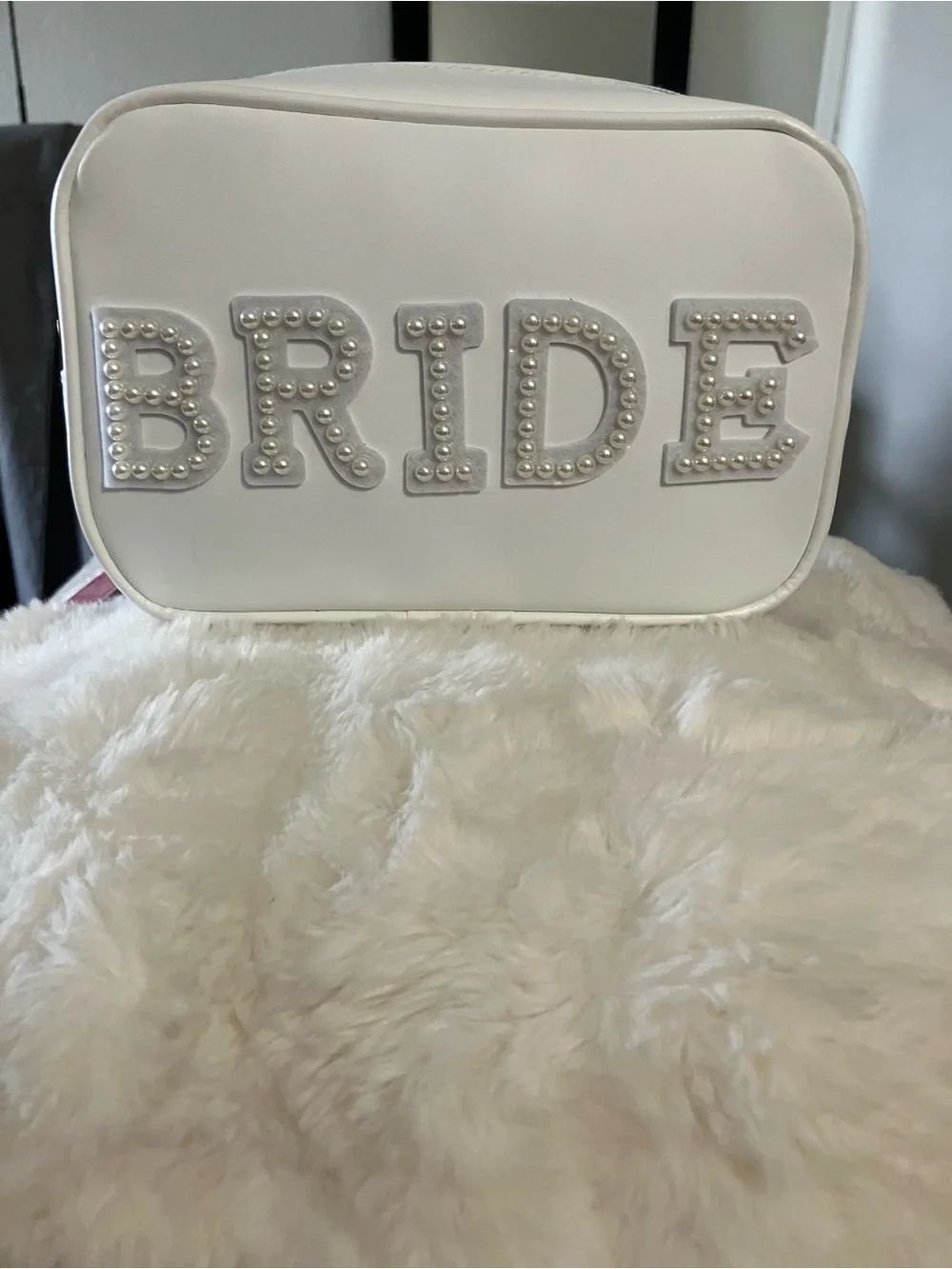 Pearl-Embellished Bridal Cosmetic Bag in White